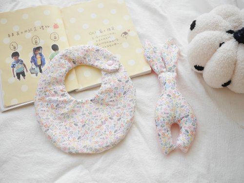 Pon Baby。愛手作。 六重紗口水巾 安撫兔兔(內有響鈴) 彌月禮盒 花花款