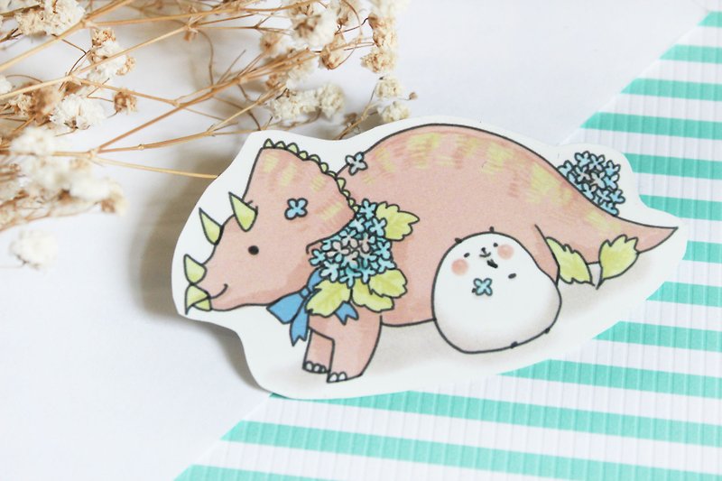Xiong Ye waterproof sticker (white) Triceratops and Hydrangea - Stickers - Waterproof Material Pink