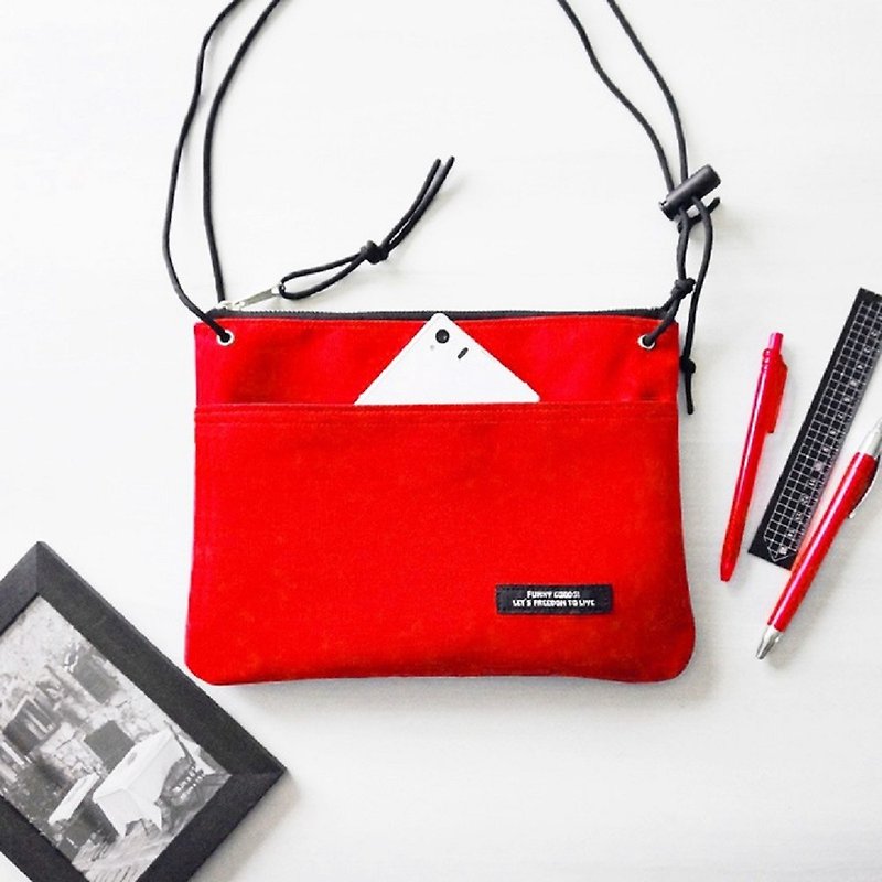 red shoulder bag - กระเป๋าแมสเซนเจอร์ - ผ้าฝ้าย/ผ้าลินิน สีแดง