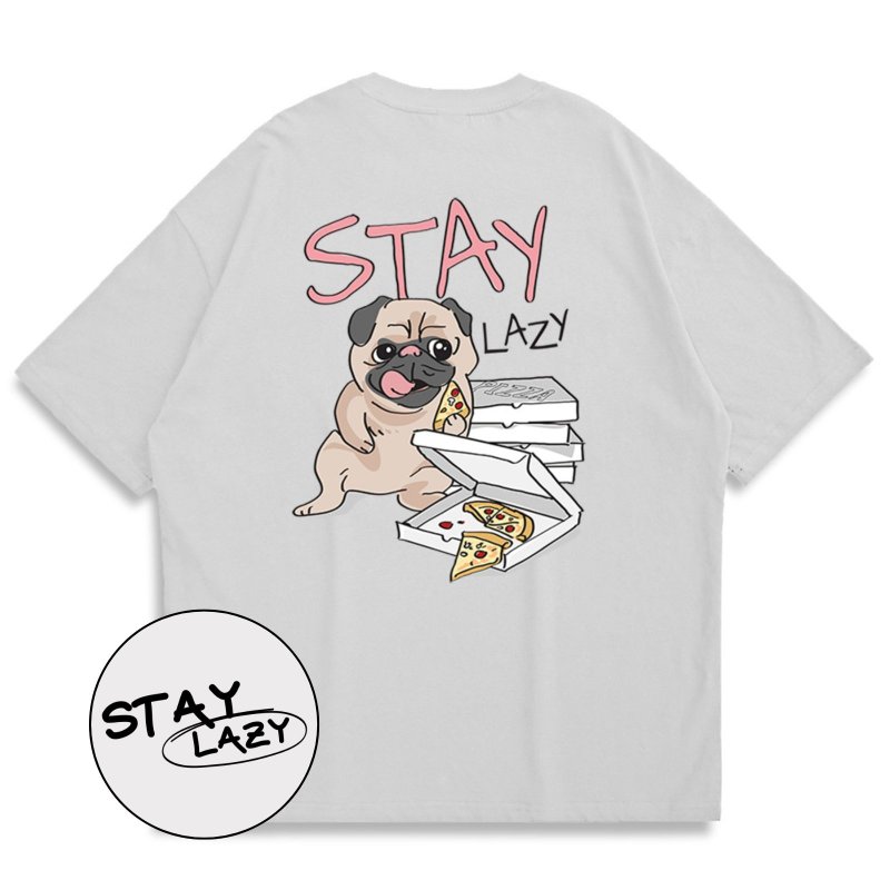 【CREEPS】Stay Lazy Pug 寬鬆重磅印花T恤 - 男 T 恤 - 棉．麻 多色