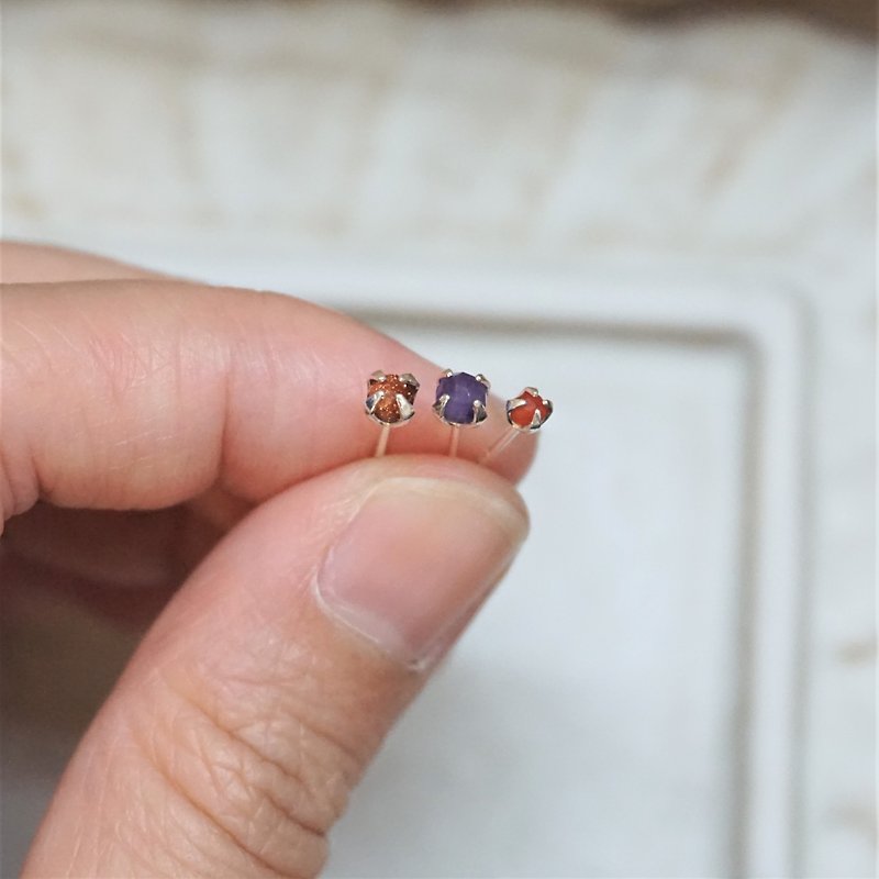 << Three-color ear bone nail - red purple series >> Pure silver ear bone needle earrings - a set of three into - Earrings & Clip-ons - Semi-Precious Stones Multicolor