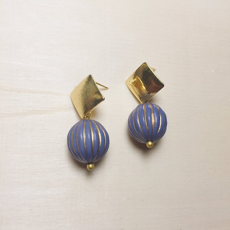 復古藍大南瓜拉絲菱形耳環 - 耳環/耳夾 - 樹脂 藍色