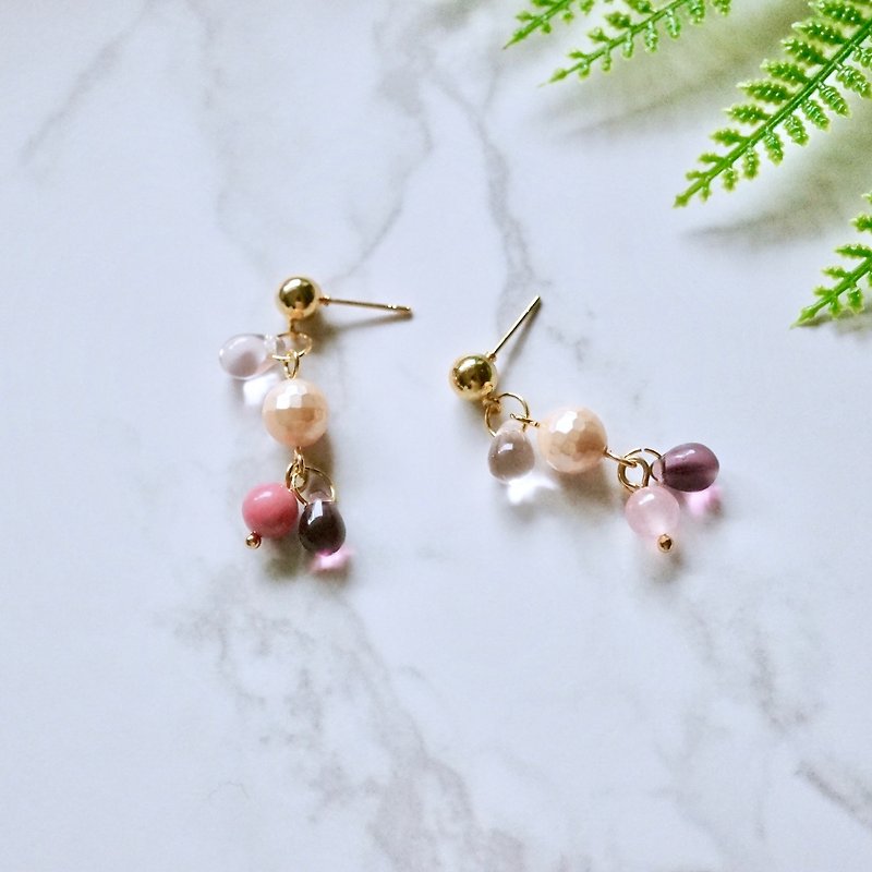 ITS-294 【Metallic Ball Earrings Series · Berry Water Drops】 Glass Water Droplet Cotton Pearl Natural Stone Pink Purple Powder Orange Earrings Ear Clip - Earrings & Clip-ons - Stone Pink