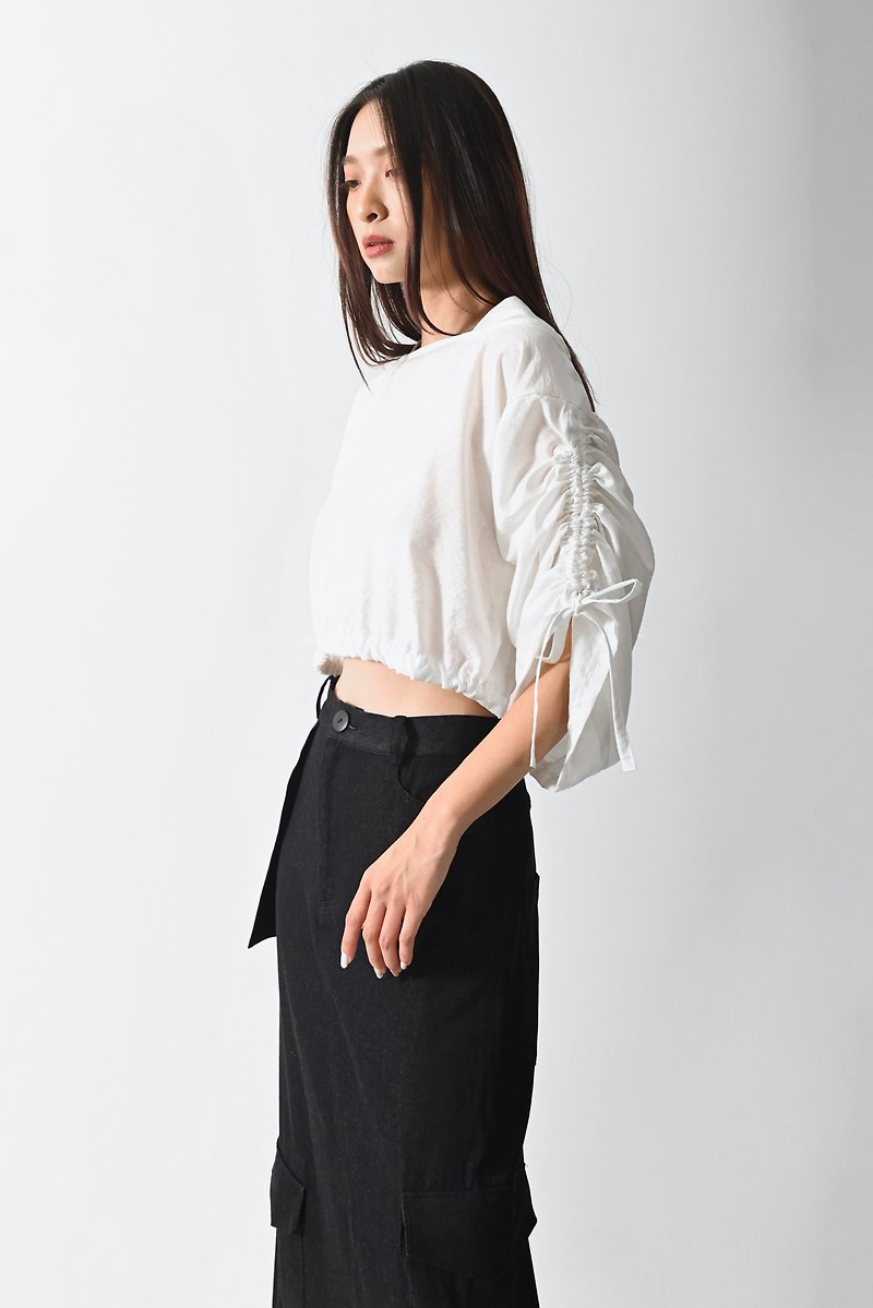 Shan Yong boat neck wide sleeve drawstring cotton top - Women's Tops - Cotton & Hemp 