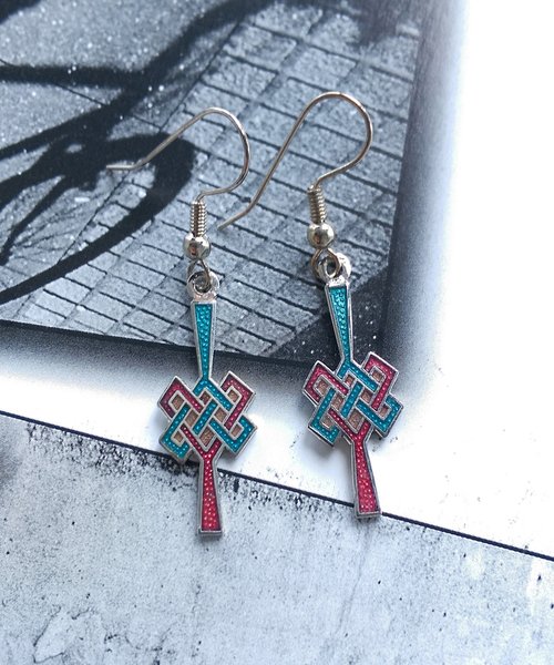 老時光角落 Vintage Jewelry 景泰藍 凱爾特繩結 綠紅小巧 耳勾 針式耳環