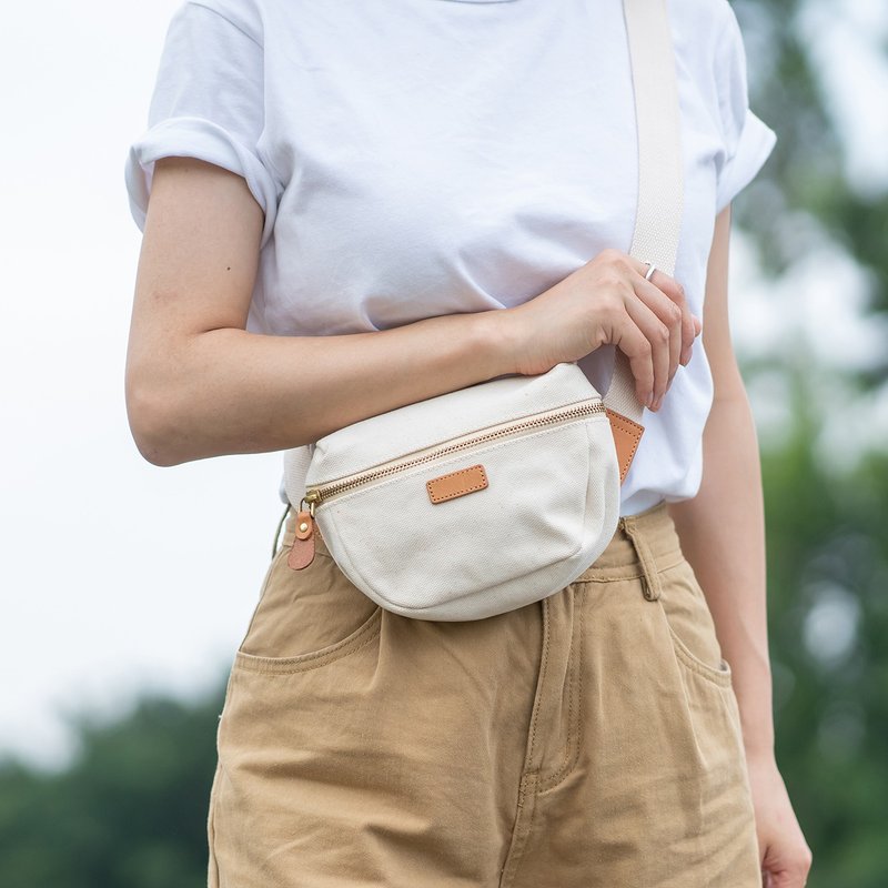 [Canvas meets leather] Summer lightweight mini canvas waist bag shoulder messenger bag white - Messenger Bags & Sling Bags - Genuine Leather White