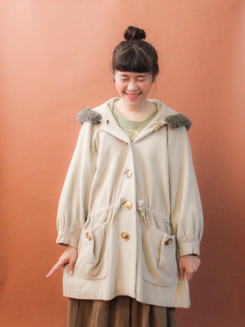 Vintage Japanese autumn and winter cute playful loose khaki hooded wool Nigu coat coat - เสื้อแจ็คเก็ต - ขนแกะ สีกากี