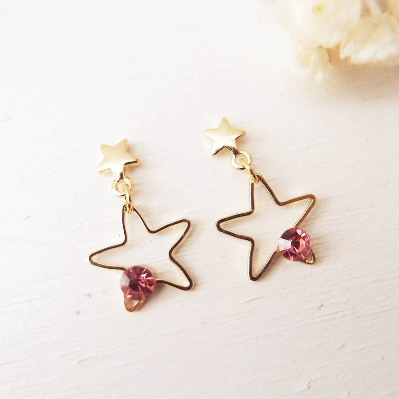 Our little stars x pink x clip star earrings pin star earrings - Earrings & Clip-ons - Other Metals Pink