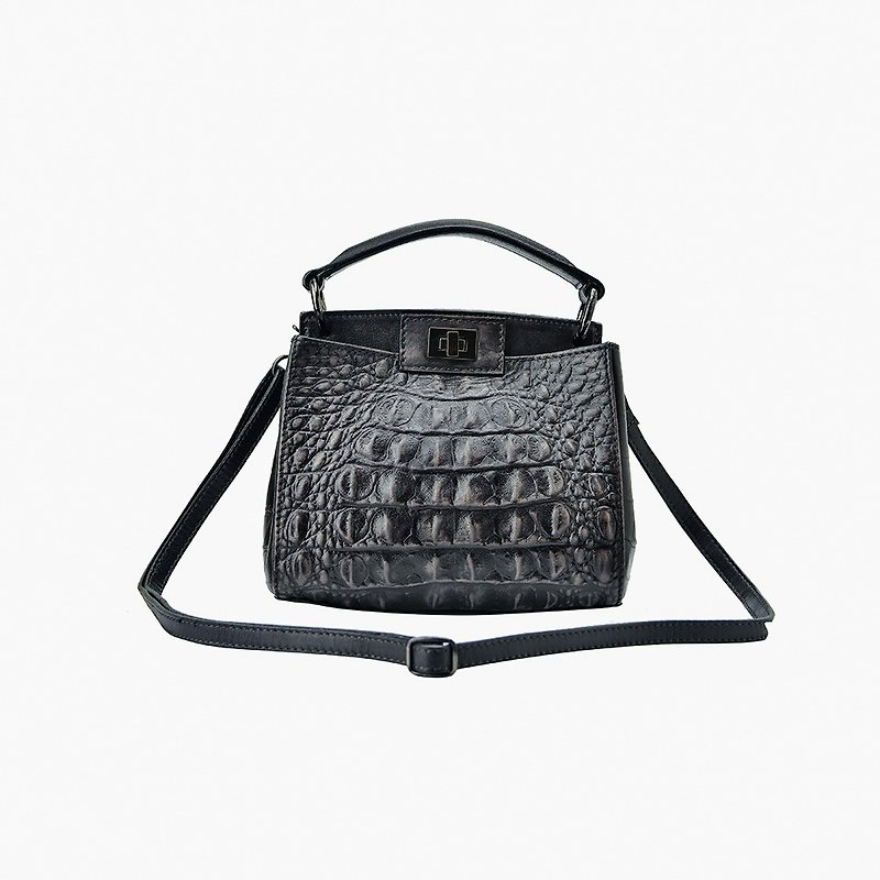 Crocodile pattern layer of leather handmade rubbing classical handbag shoulder bag bucket bag black and dark green - Handbags & Totes - Genuine Leather Black