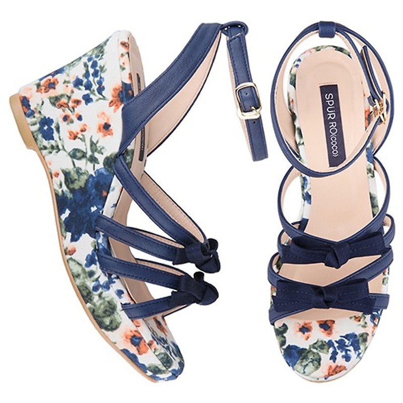 【Summer must buy】SPUR Cherry blossom platform wedges FS8101 NAVY - รองเท้ารัดส้น - หนังแท้ สีน้ำเงิน