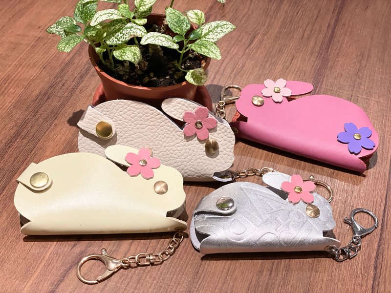 Customizable cowhide cherry blossom rabbit key hook bag / anti-wolf spray leather case - Keychains - Genuine Leather Multicolor