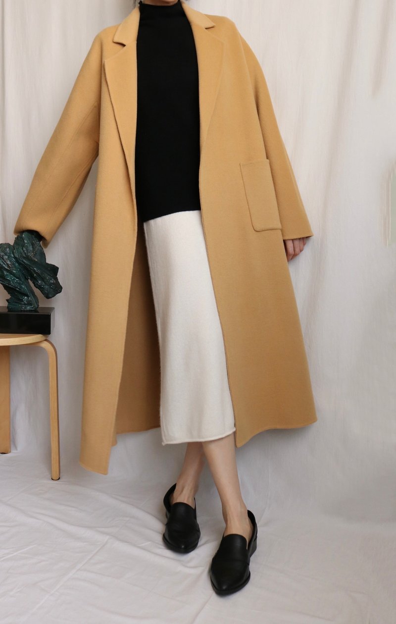 Fireworks yellow hand-stitched classic fit cashmere wool coat - เสื้อแจ็คเก็ต - ขนแกะ 