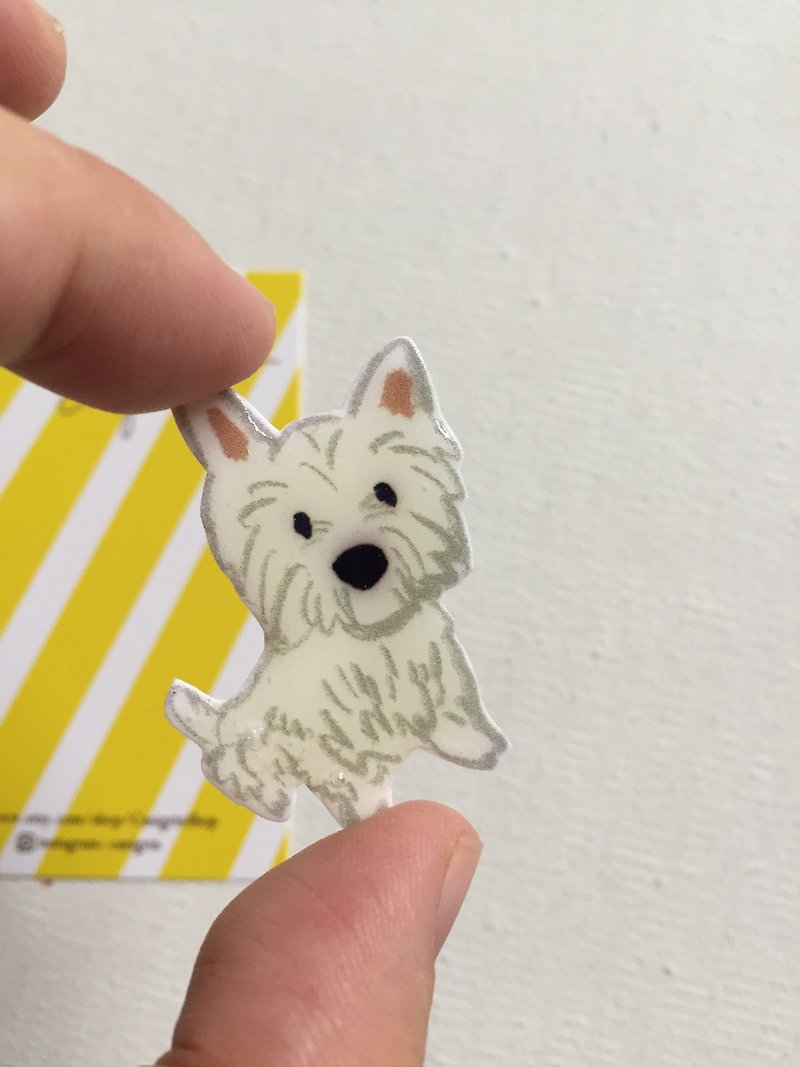 Westie Westie West Highland White Terrier Dog Brooch Xisha Dog Illustration Ornament Handmade Pin Badge - Brooches - Plastic White