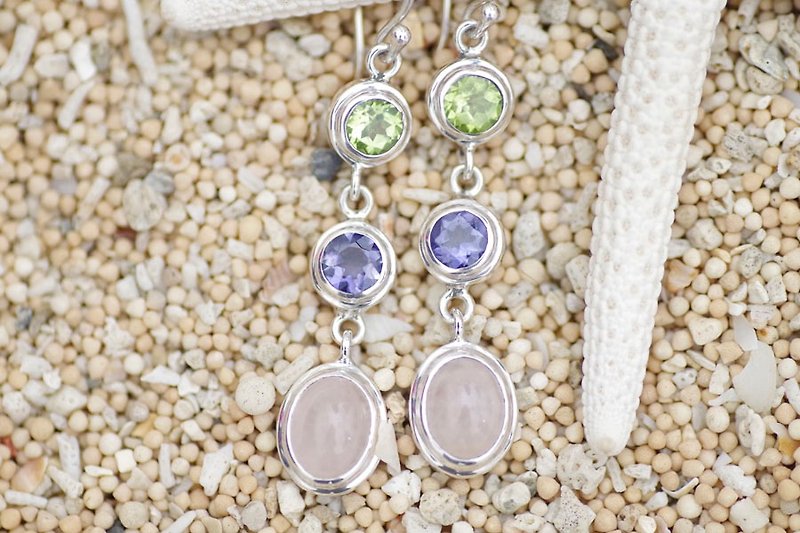 Silver earrings with peridot, iolite and rose quartz - Earrings & Clip-ons - Stone Pink