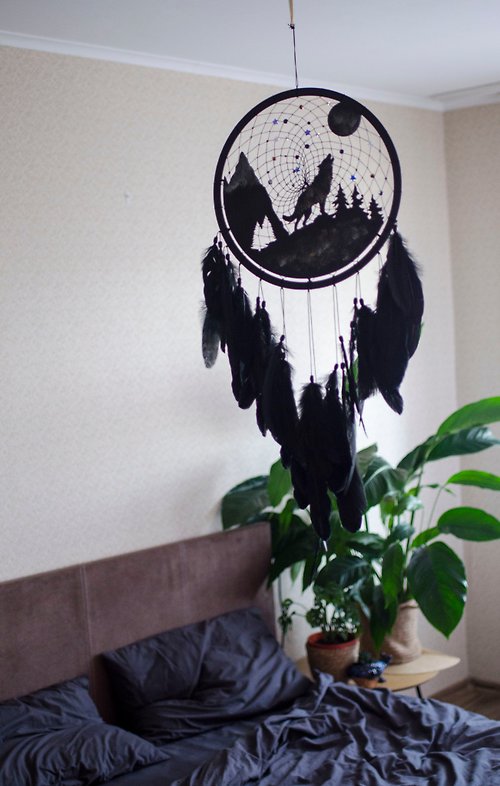 VIDADREAMS Handmade Black Wolf Dreamcatcher Wall Decor | Large Moon and Mountain Silhouette
