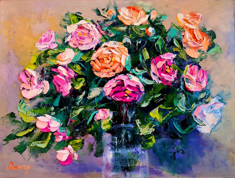 Pink Yellow Roses Flower Bouquet Vase Oil Painting Impasto Original ArtistSvinar - 其他 - 其他材質 多色