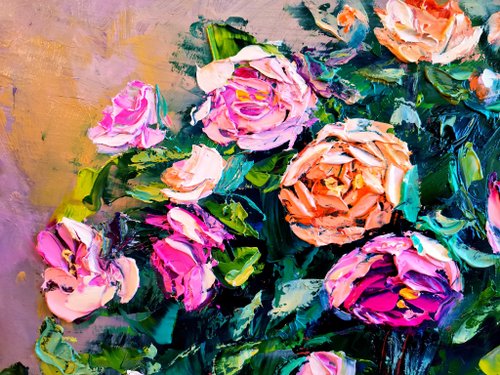 ピンクと黄色のバラの花の花束花瓶油絵厚塗りオリジナル