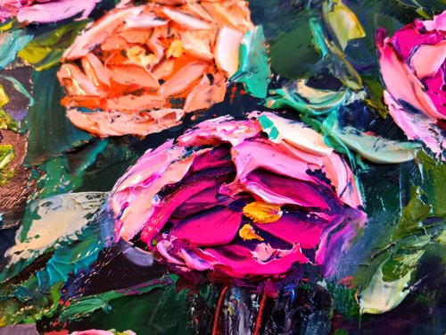 油彩画 花瓶のバラ オリジナル油絵花瓶のピンクのバラのキャンバスの絵花の壁アート