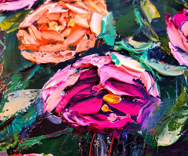 ピンクと黄色のバラの花の花束花瓶油絵厚塗りオリジナルアーティスト