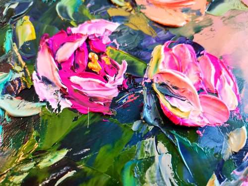 ピンクと黄色のバラの花の花束花瓶油絵厚塗りオリジナル