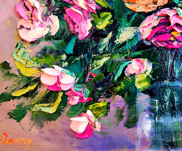 ピンクと黄色のバラの花の花束花瓶油絵厚塗りオリジナルアーティスト