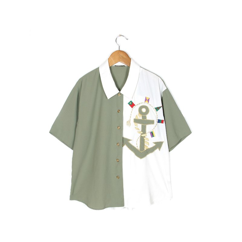 【蛋植物古着】拼色船錨刺繡短袖古著襯衫 - 女襯衫 - 聚酯纖維 綠色