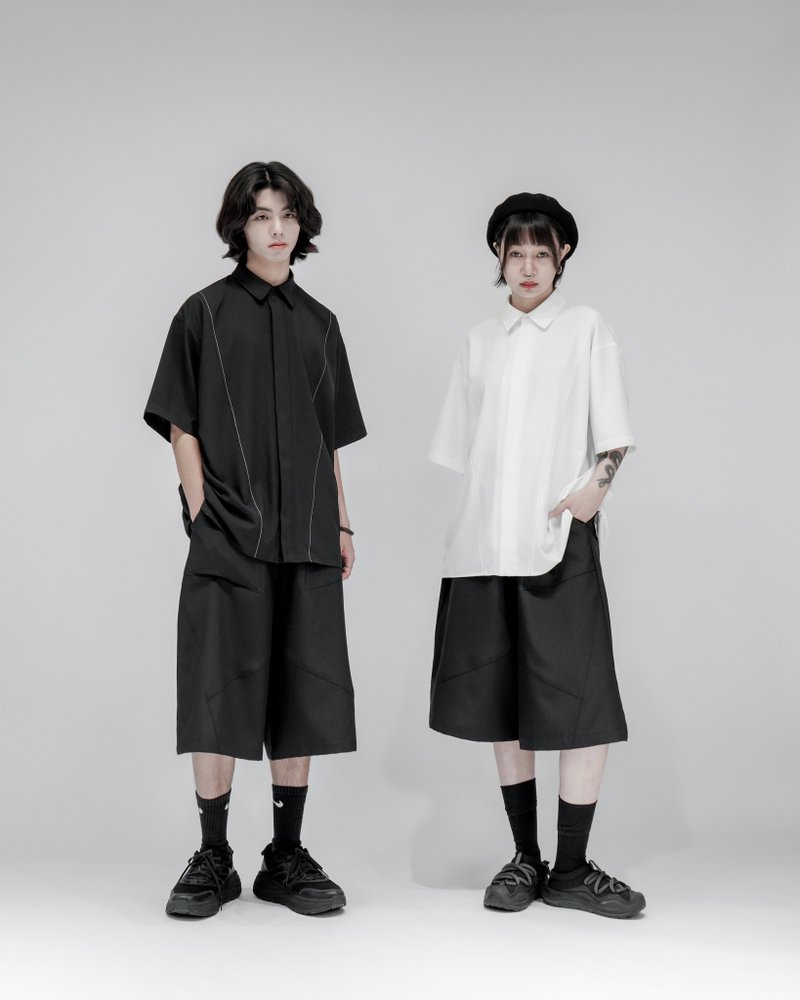 MUKK DESIGN 隱藏拉鍊撞色車線襯衫-黑 - 男襯衫/休閒襯衫 - 聚酯纖維 黑色