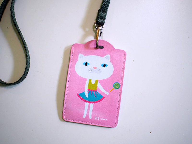 E*group card holder white cat pink leisure card holder identification card holder luggage tag - ที่ใส่บัตรคล้องคอ - พลาสติก สึชมพู