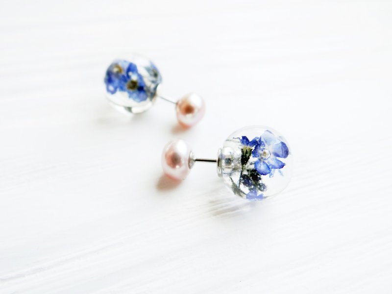 Forget-me-not earrings Silver earring Pearl earrings Minimalist earrings Resin - 耳環/耳夾/耳骨夾 - 純銀 藍色