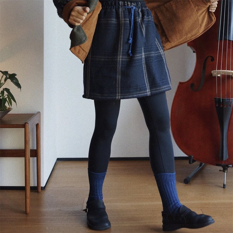 Retro blue and black camel checkered warm woolen wool autumn and winter double pocket lined skirt - กระโปรง - ขนแกะ สีน้ำเงิน