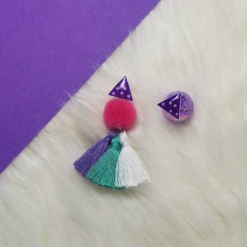 小三角形加流鬚 (紫色) - 耳環/耳夾 - 純銀 紫色
