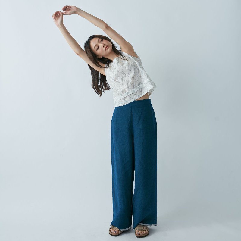 Linen wide-leg trousers - indigo - กางเกงขายาว - ผ้าฝ้าย/ผ้าลินิน สีน้ำเงิน