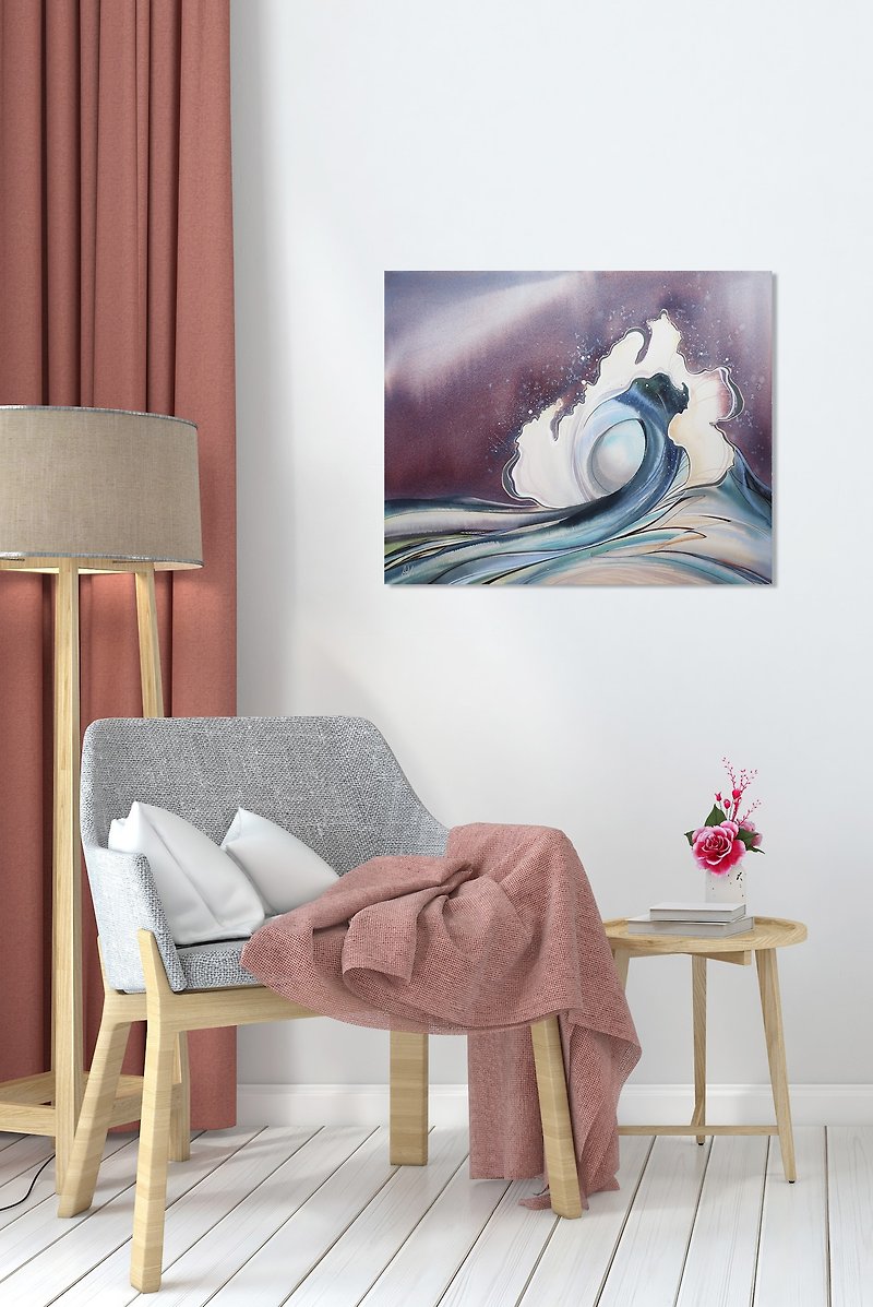 Seascape with wave. Watercolor painting on paper. Interior decor. Hokusai - ตกแต่งผนัง - กระดาษ สีเทา