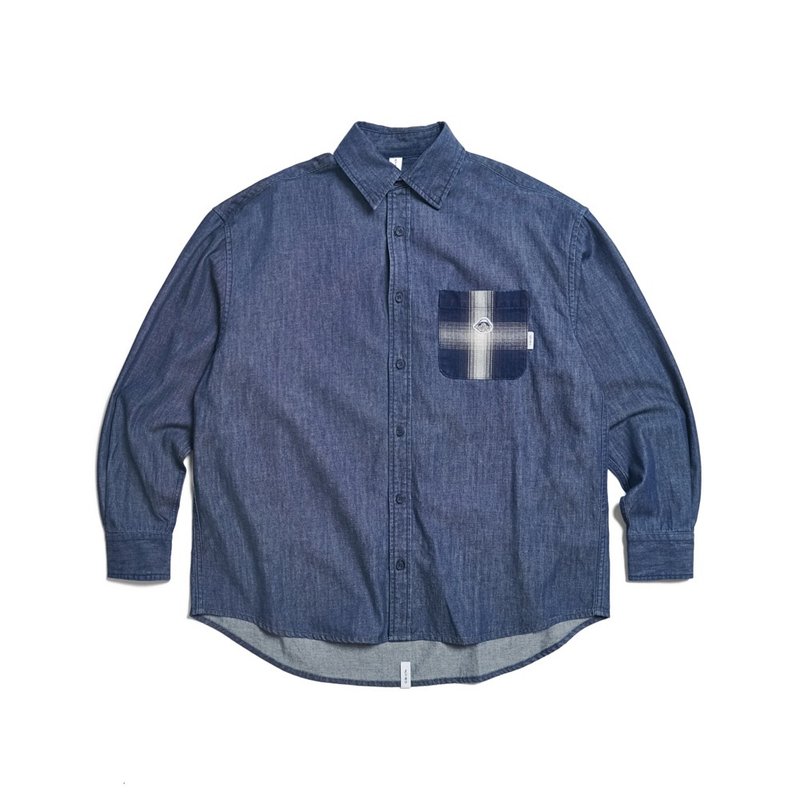 江戶勝 日系 男裝 經典口袋寬版長袖襯衫(酵洗藍) #上衣#襯衫 - 男襯衫/休閒襯衫 - 棉．麻 藍色
