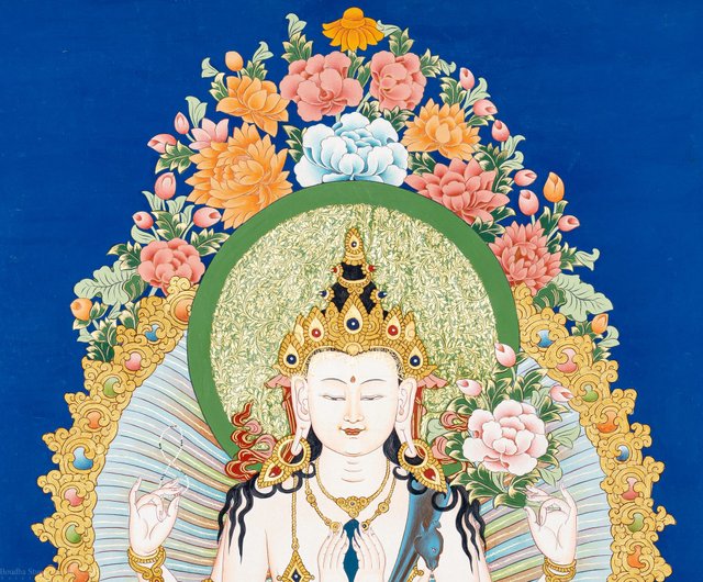 仏教美術 チベットタンカ 四臂観音像 絹本彩色 肉筆 仏画 タンカ 額装 仏教美術 チベットタンカ 四臂観音像 絹本彩色 肉筆 細密画 仏画