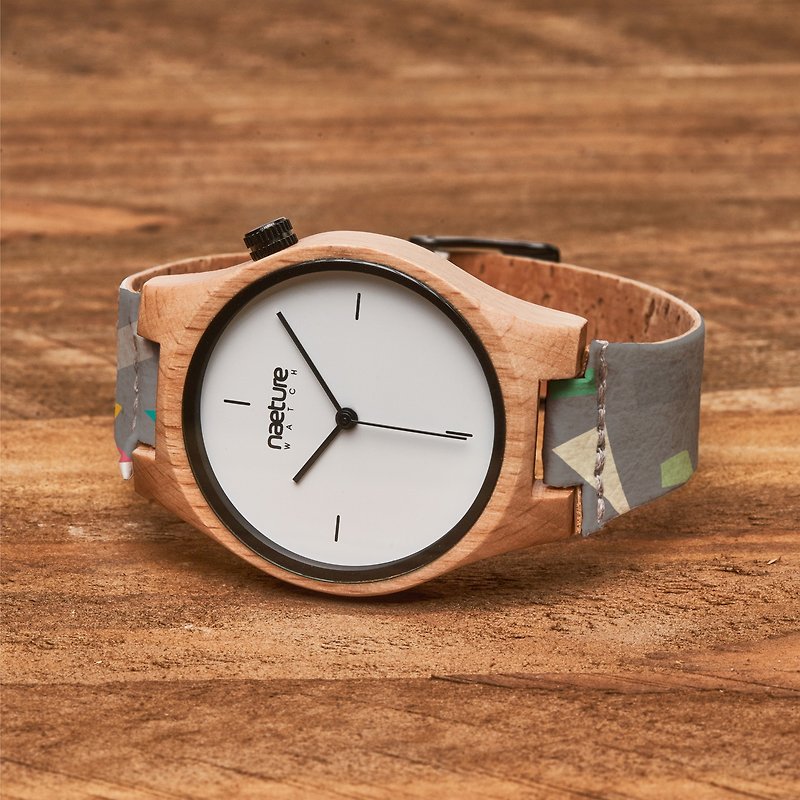 Price reduction Vegan watch of natural materials made of beech wood and cork - นาฬิกาผู้หญิง - ไม้ สีเทา