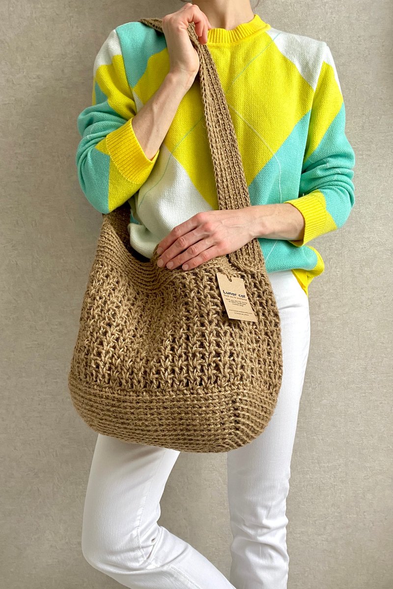 Crochet Jute Bag XXL, Crochet Tote Bag, Crochet Shoulder Jute Bag, Reusable Bag - Handbags & Totes - Eco-Friendly Materials Brown