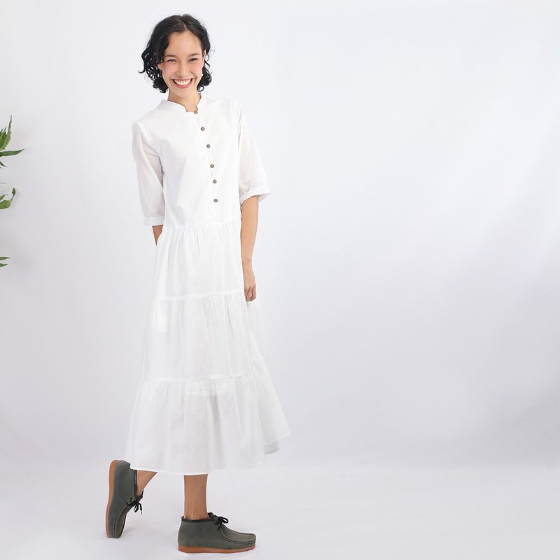 Cotton Midi Dress, Vipa, White - 洋裝/連身裙 - 棉．麻 白色