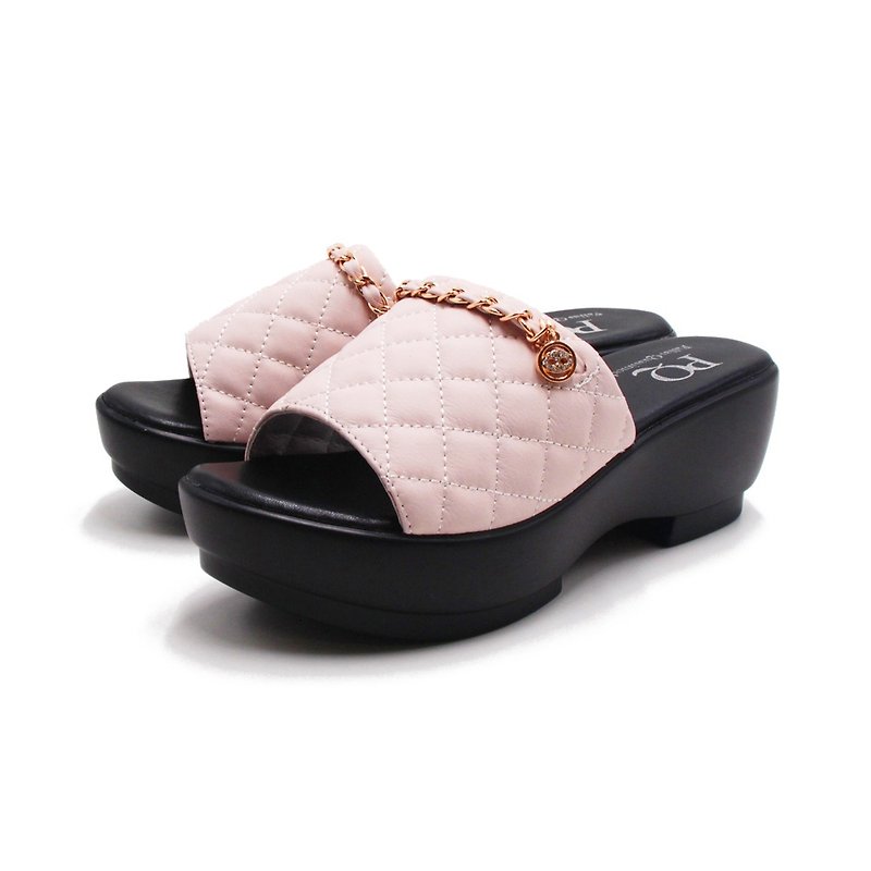 PQ (Women) Chain Diamond Leather Heightening Slippers Women&#39;s Shoes-Beige (Black)