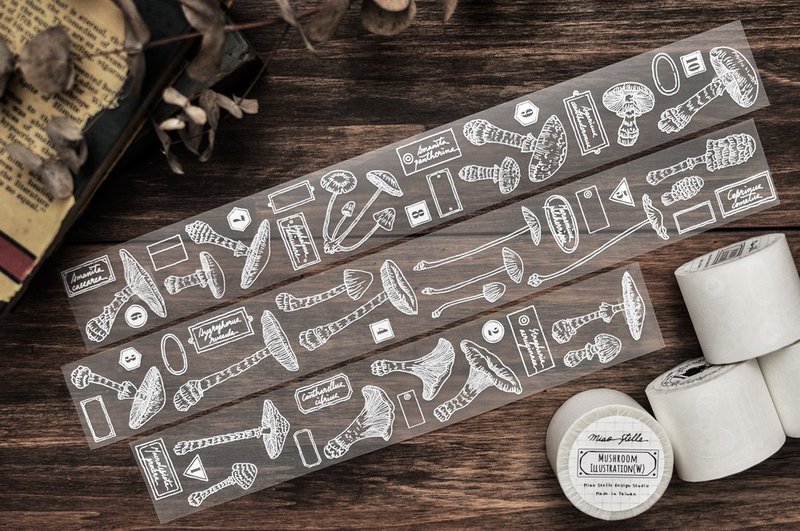 Mushroom Illustration Washi Tape (White)-Collage / 3.5cm- Release paper - Washi Tape - Plastic White