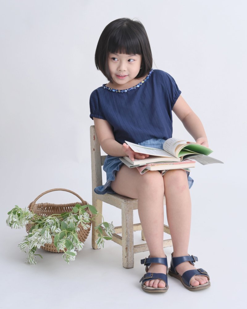 \季末出清/Suika朝顏緞帶包袖上衣 - 男/女童裝 - 棉．麻 藍色