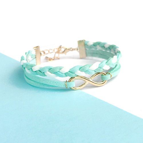 Anne Handmade Bracelets 安妮手作飾品 Infinity 永恆 手工製作 雙手環 淡金色系列-棉花糖色系 藍綠色