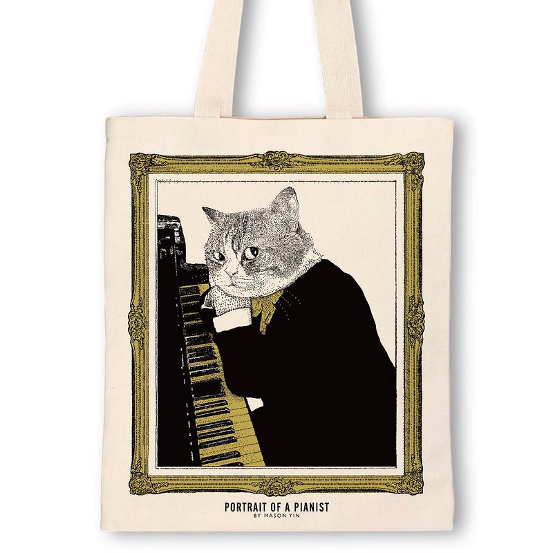 Portrait of Classicats - Upright Piano Canvas Bag - กระเป๋าถือ - ผ้าฝ้าย/ผ้าลินิน สีกากี