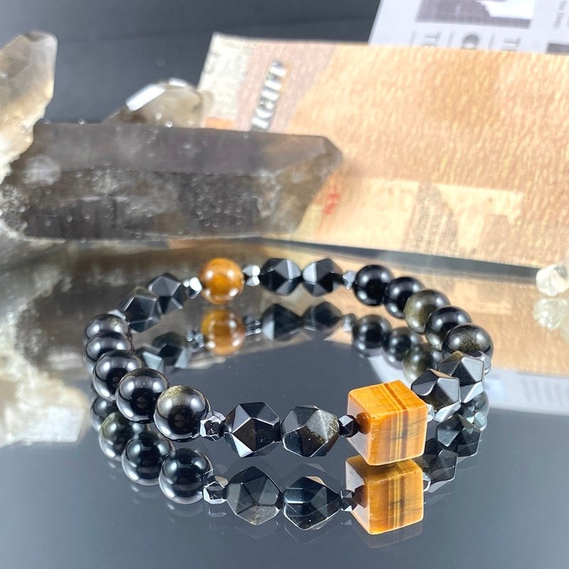 Tigers fill the universe | Tiger eye Stone, Stone and black Stone| Resonance with heaven and earth | Men's crystal bracelet - Bracelets - Crystal Yellow