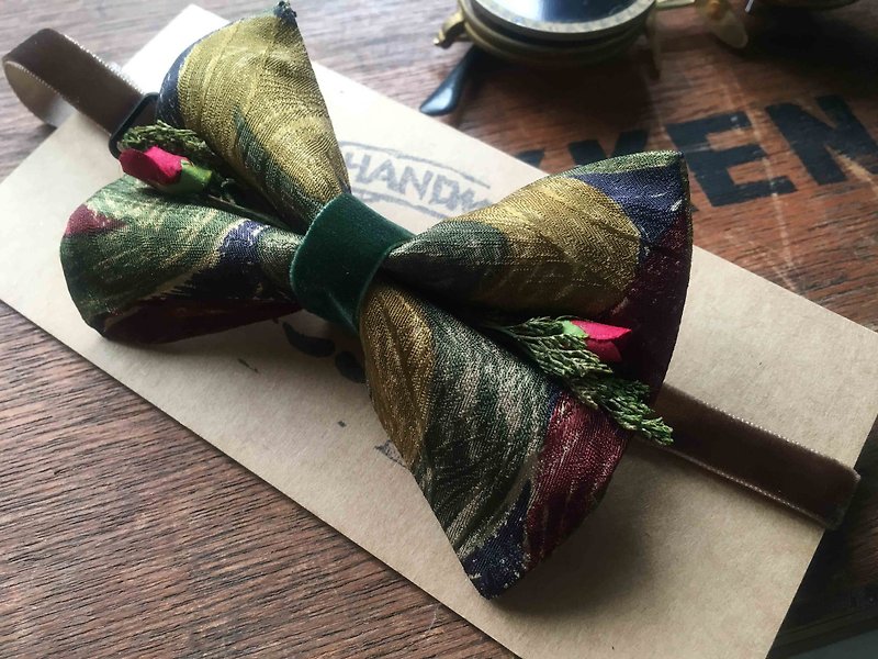 Antique Tie Remanufactured Handmade Bow Tie - Autumn High Green - Red Rose Edition - Bow Ties & Ascots - Silk Green