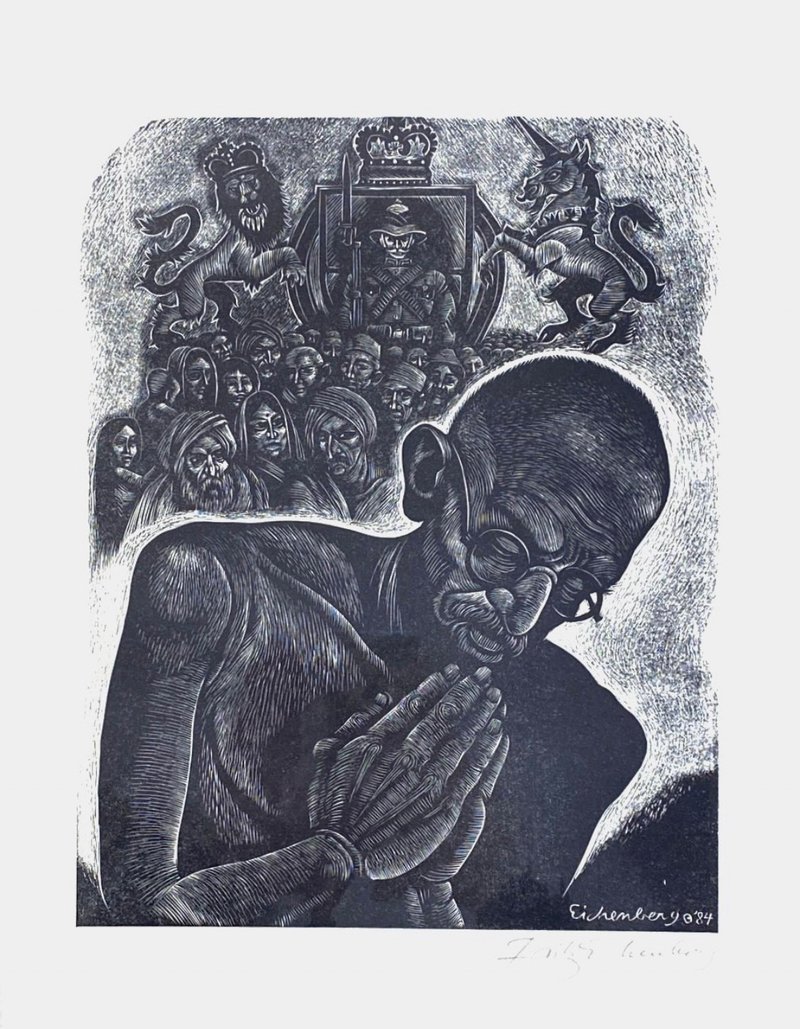 藝術家Fritz Eichenberg - 十一名人致敬版畫系列 - 甘地 - 海報/掛畫/掛布 - 紙 白色