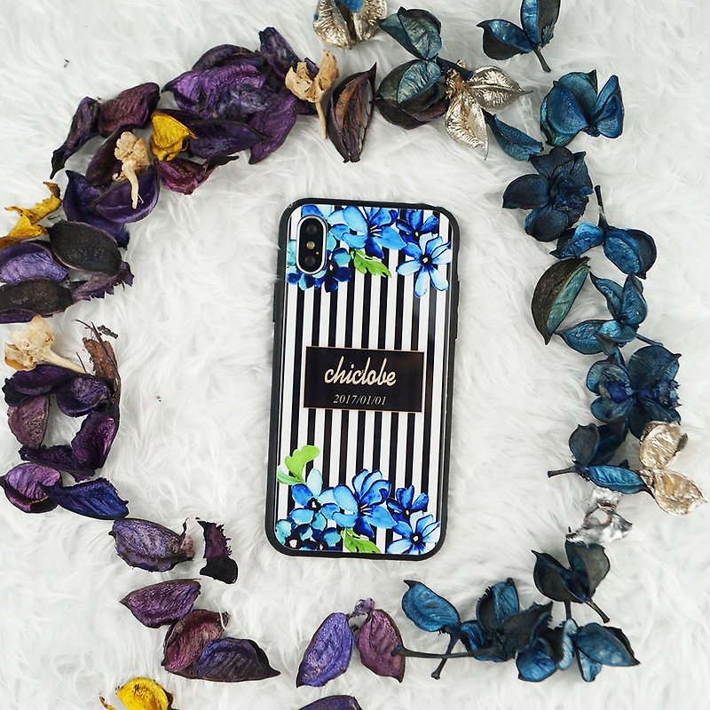 Painted tempered glass shell [line blue flower] customized name / anniversary - Phone Cases - Glass Blue