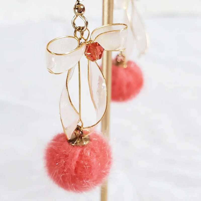 Dreamy ribbon bow. Draped Hairball Earrings - Coral Pink - Earrings & Clip-ons - Resin Pink