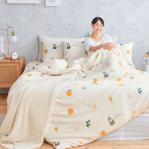 DUYAN 竹漾寢飾 床包被套組-單人/雙人/加大/ 精梳純棉 / 蜜橙貓咪 台灣製