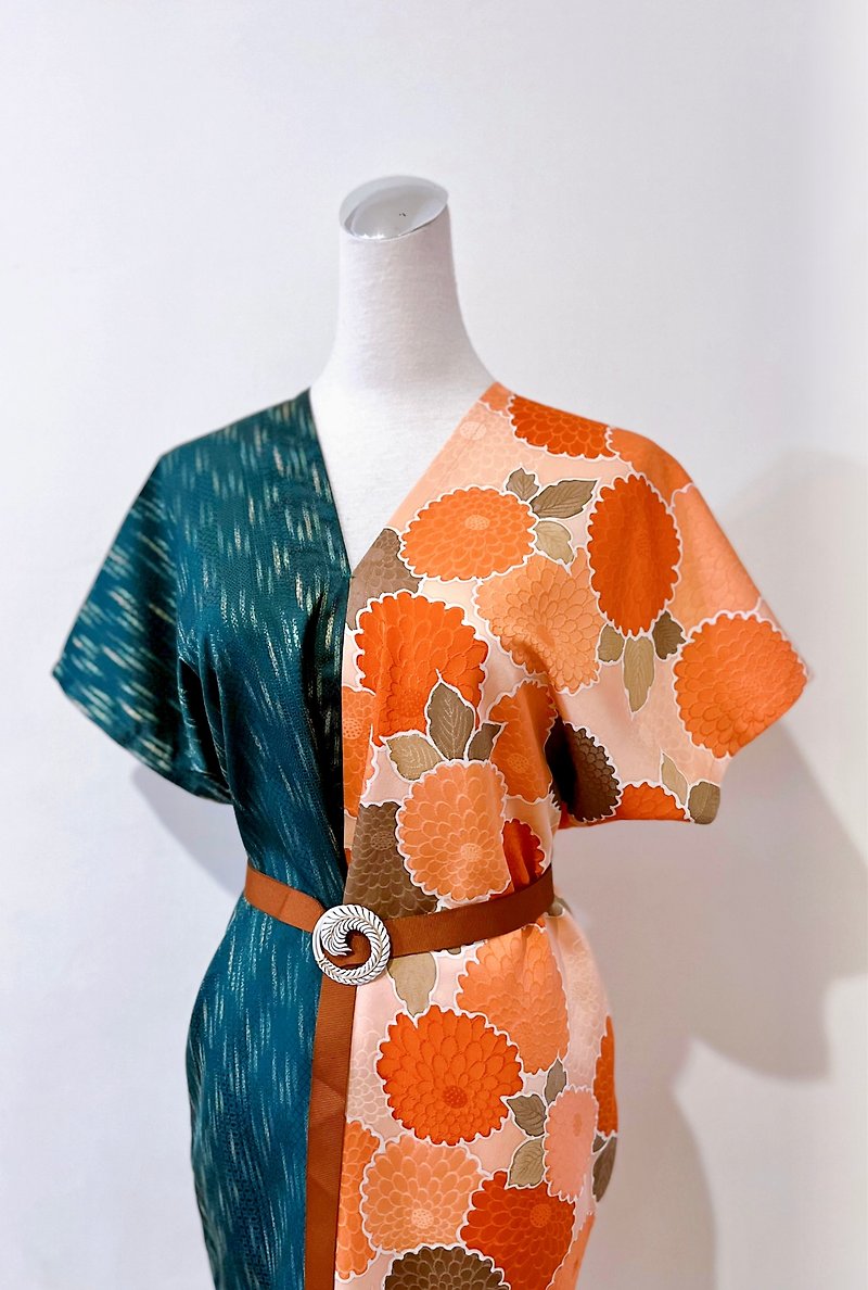 絲質古典萬壽菊珊瑚橘撞色綠色幾何線條長版四方衣連身裙小洋裝 - 連身裙 - 棉．麻 橘色